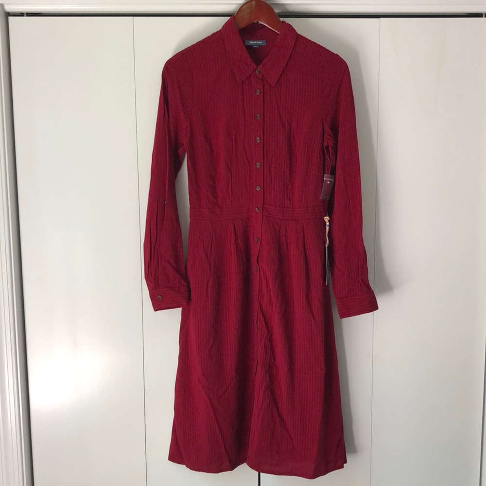 MODCLOTH Dark Red Striped Long Sleeve Shirt Dress